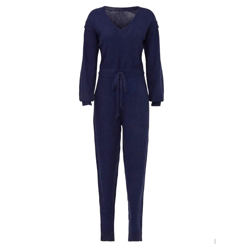 Central Park West Holmes Jumpsuit Medium Blue Fleece Jersey Knit V-Neck Ruffle